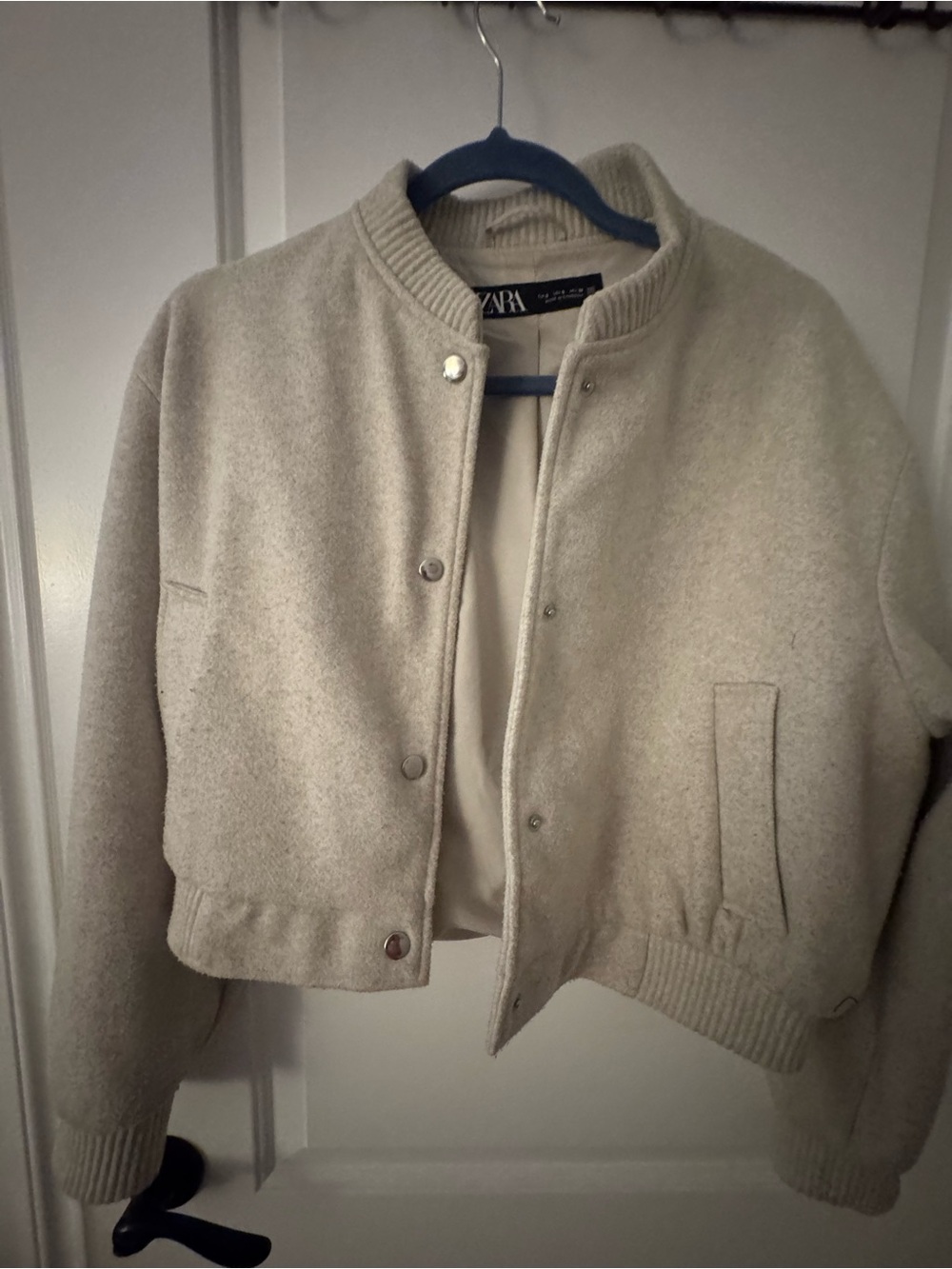 Zara Cream Cropped Wool-Blend Bomber Jacket